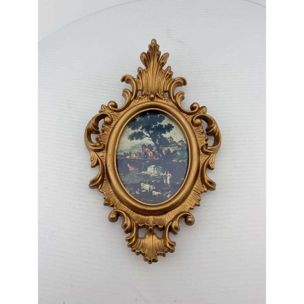 Vintage Ornate Gold Miniature Molded Plastic Picture Frame Pastoral Print